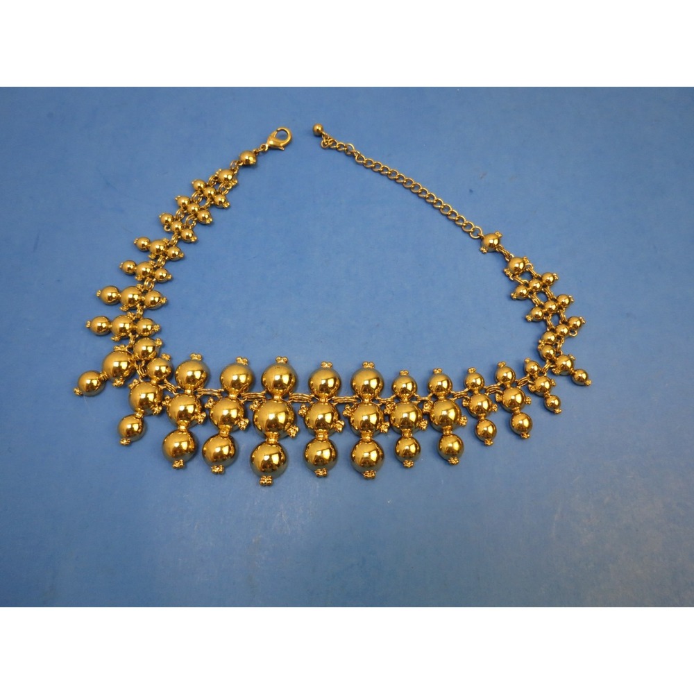Gold Tone Beaded Bauble Choker Necklace Bib Chunky 80s Retro